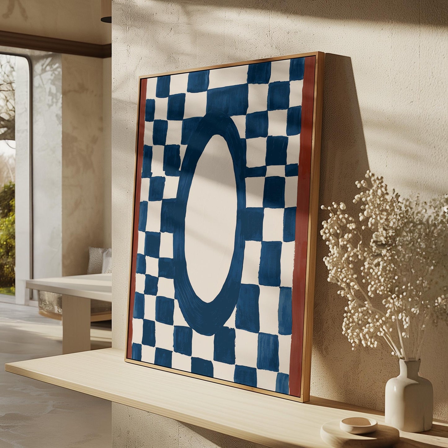 Blue Checkerboard Abstract Canvas Print Modern Geometric Wall Art for Living Room or Bedroom