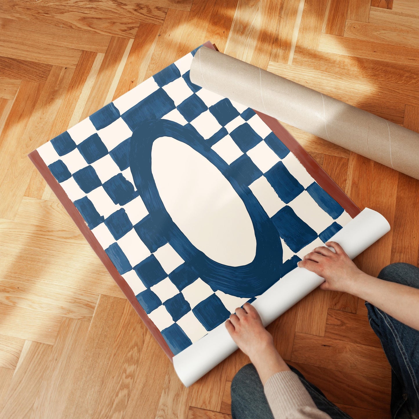 Blue Checkerboard Abstract Canvas Print Modern Geometric Wall Art for Living Room or Bedroom