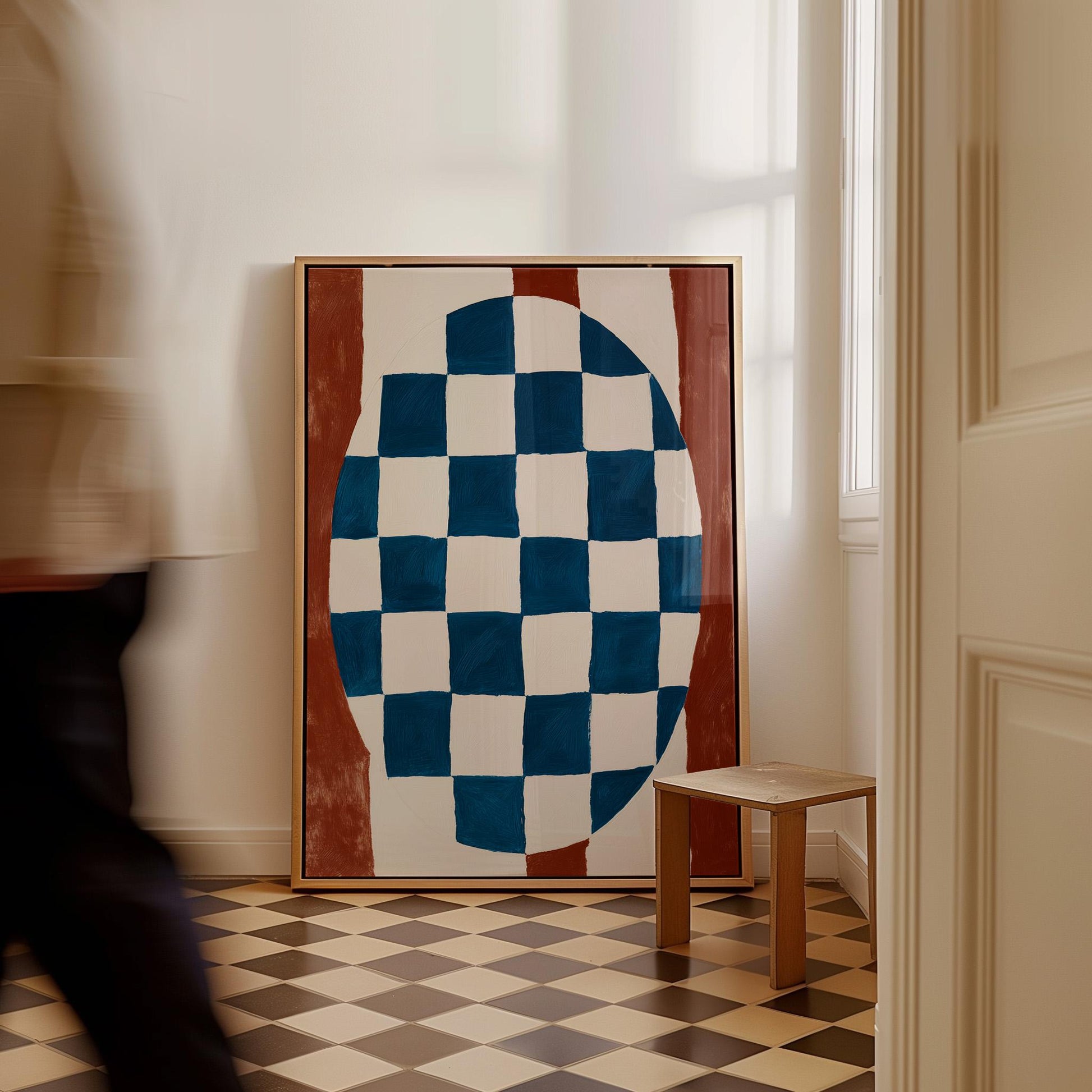 Blue and Red Abstract Canvas Print Modern Checkerboard Geometric Wall Art for Dining Room or Office