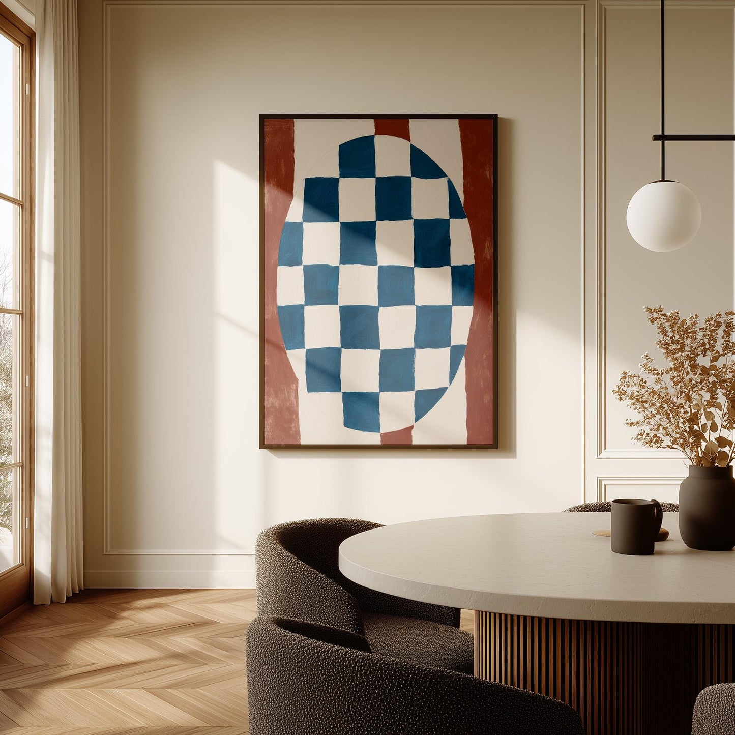 Blue and Red Abstract Canvas Print Modern Checkerboard Geometric Wall Art for Dining Room or Office