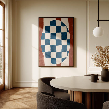 Blue and Red Abstract Canvas Print Modern Checkerboard Geometric Wall Art for Dining Room or Office