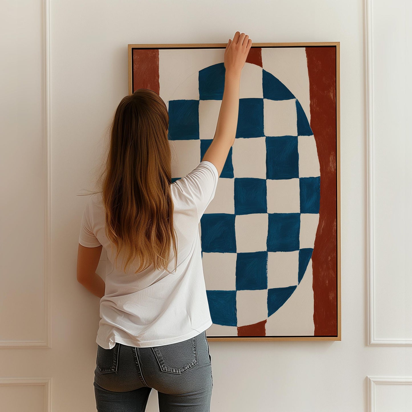 Blue and Red Abstract Canvas Print Modern Checkerboard Geometric Wall Art for Dining Room or Office