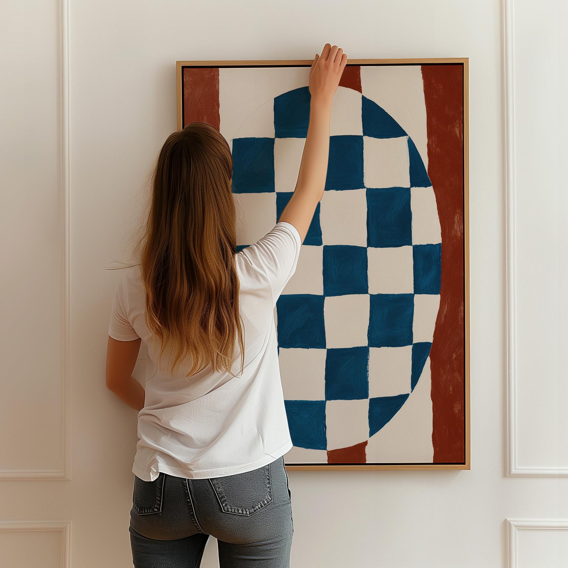 Blue and Red Abstract Canvas Print Modern Checkerboard Geometric Wall Art for Dining Room or Office