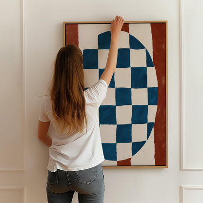 Blue and Red Abstract Canvas Print Modern Checkerboard Geometric Wall Art for Dining Room or Office