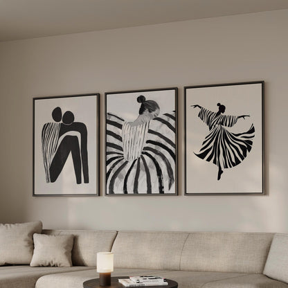 Women Abstract Canvas Set: Black and White Art (Framed or Unframed)