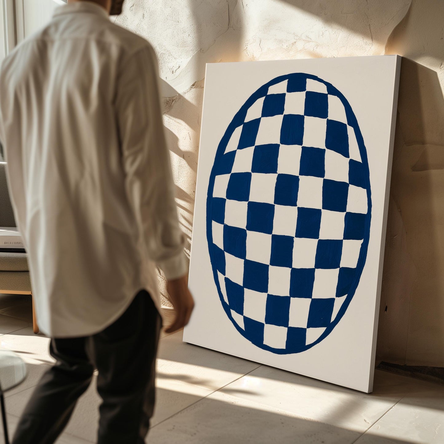 Minimal Blue Oval Checkerboard Canvas Print Modern Abstract Wall Art for Living Room or Bedroom