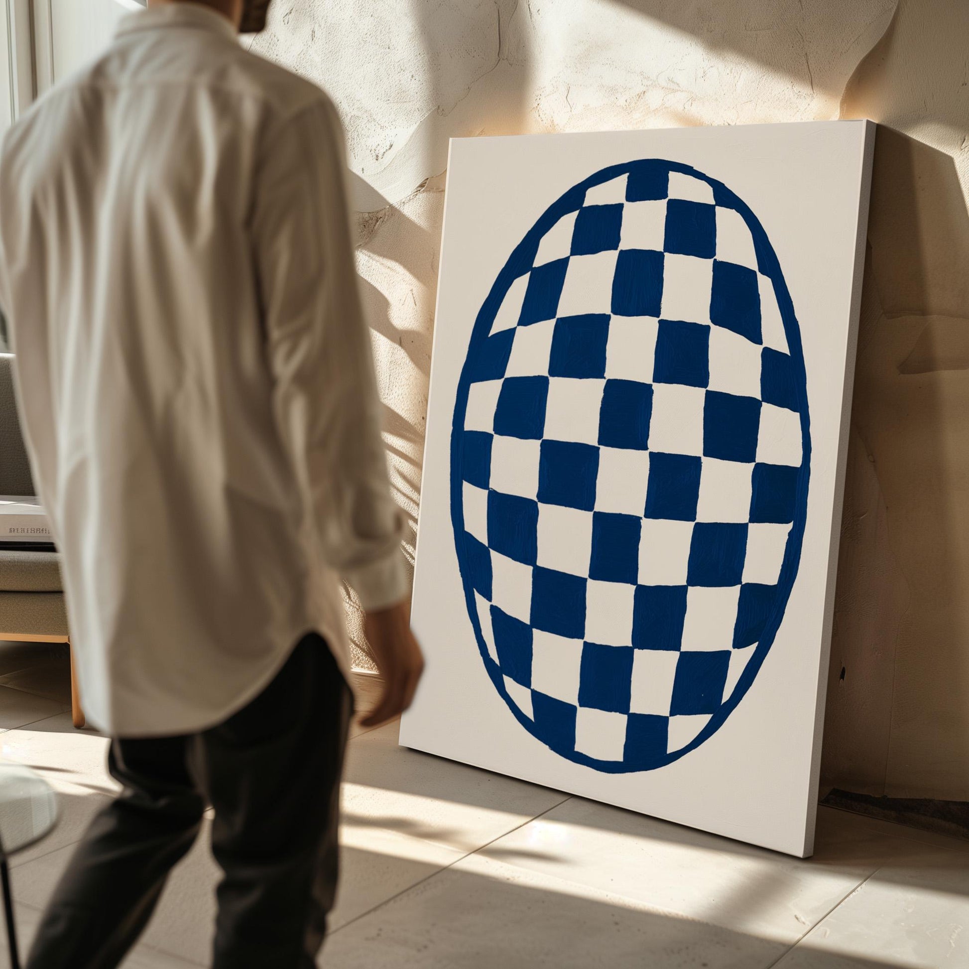 Minimal Blue Oval Checkerboard Canvas Print Modern Abstract Wall Art for Living Room or Bedroom