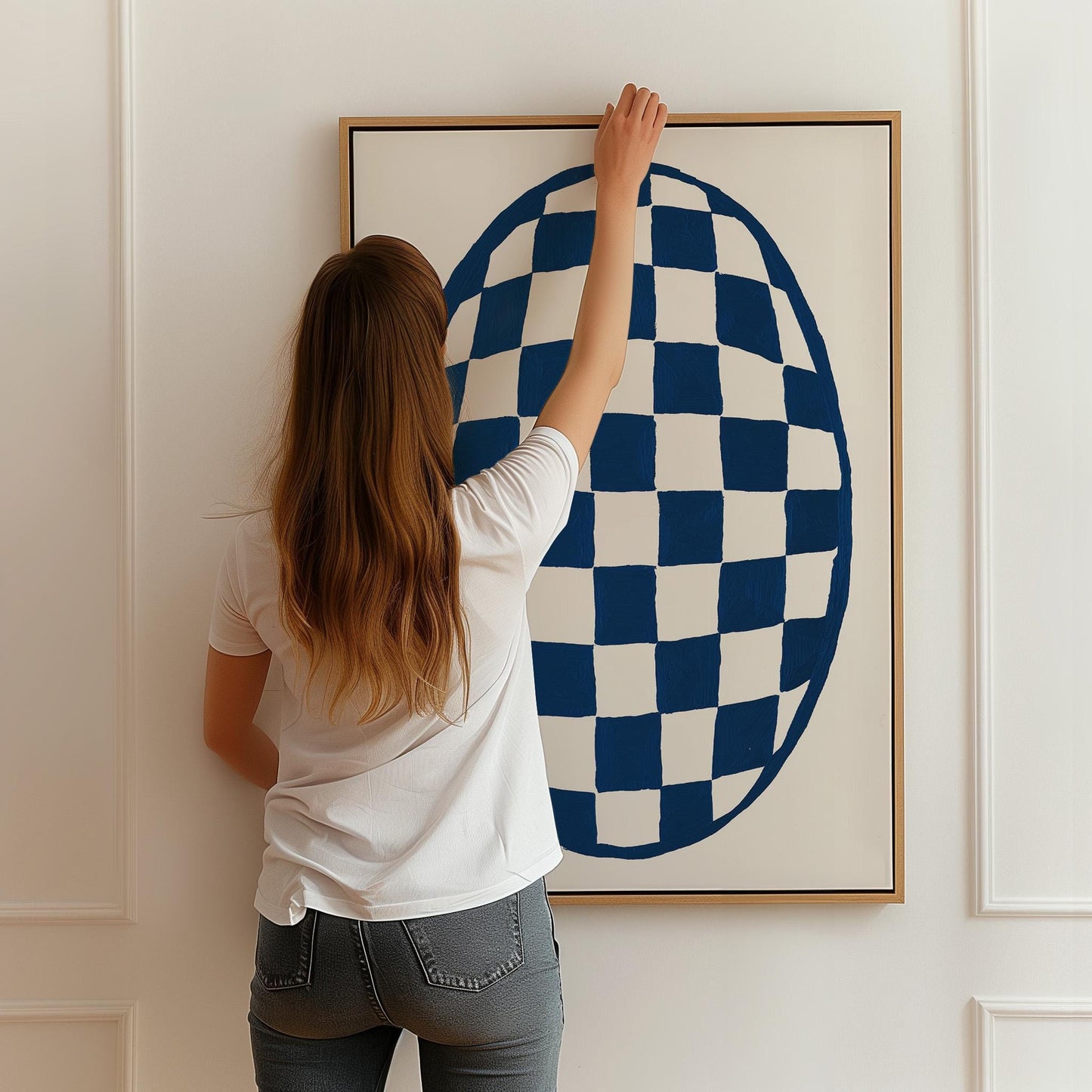 Minimal Blue Oval Checkerboard Canvas Print Modern Abstract Wall Art for Living Room or Bedroom