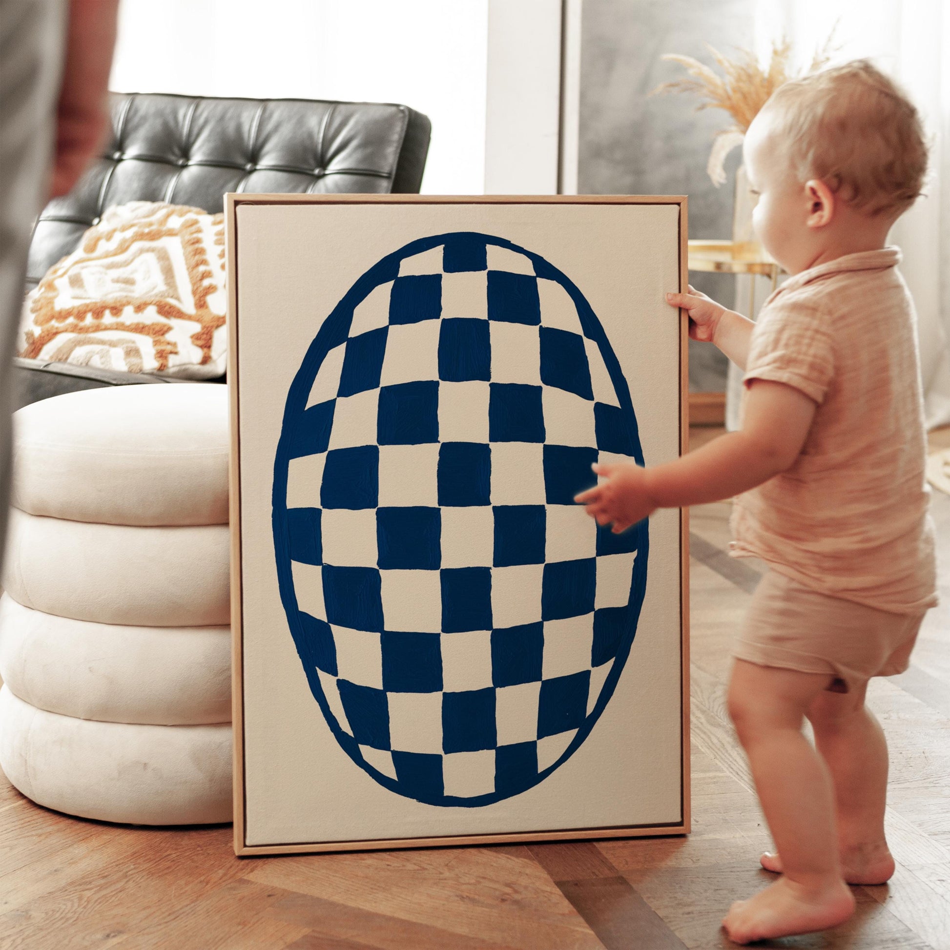 Minimal Blue Oval Checkerboard Canvas Print Modern Abstract Wall Art for Living Room or Bedroom