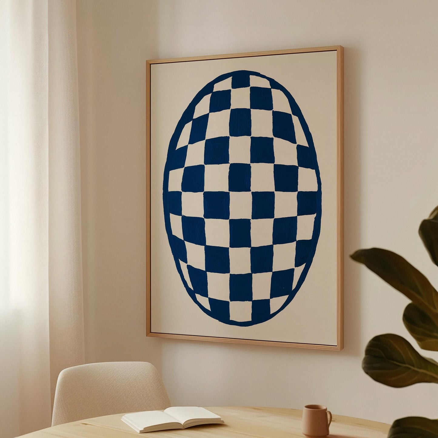 Minimal Blue Oval Checkerboard Canvas Print Modern Abstract Wall Art for Living Room or Bedroom