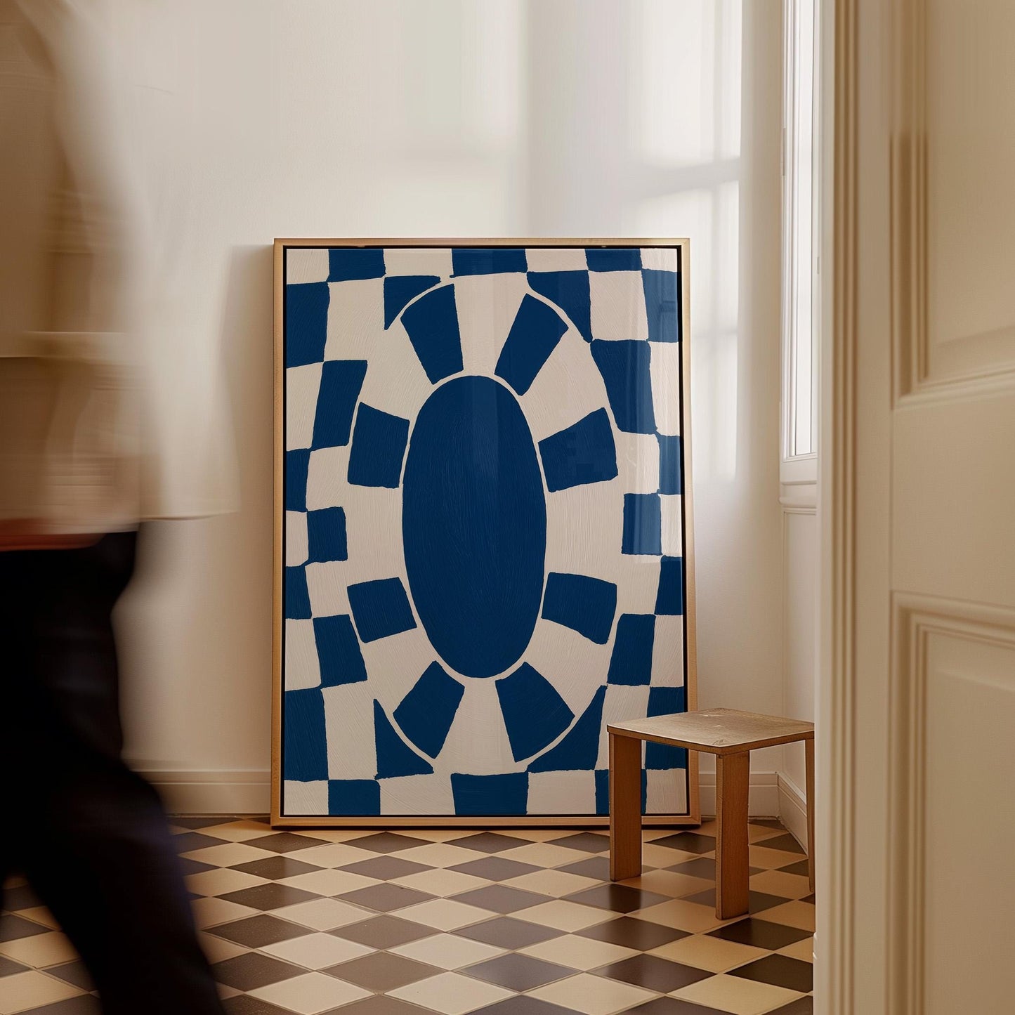 Bold Blue Oval Checkerboard Abstract Canvas Print Modern Geometric Wall Art for Living Room or Office