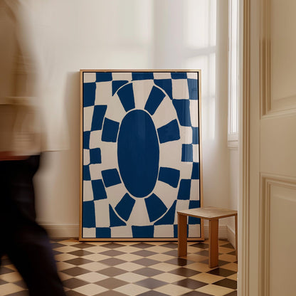 Bold Blue Oval Checkerboard Abstract Canvas Print Modern Geometric Wall Art for Living Room or Office