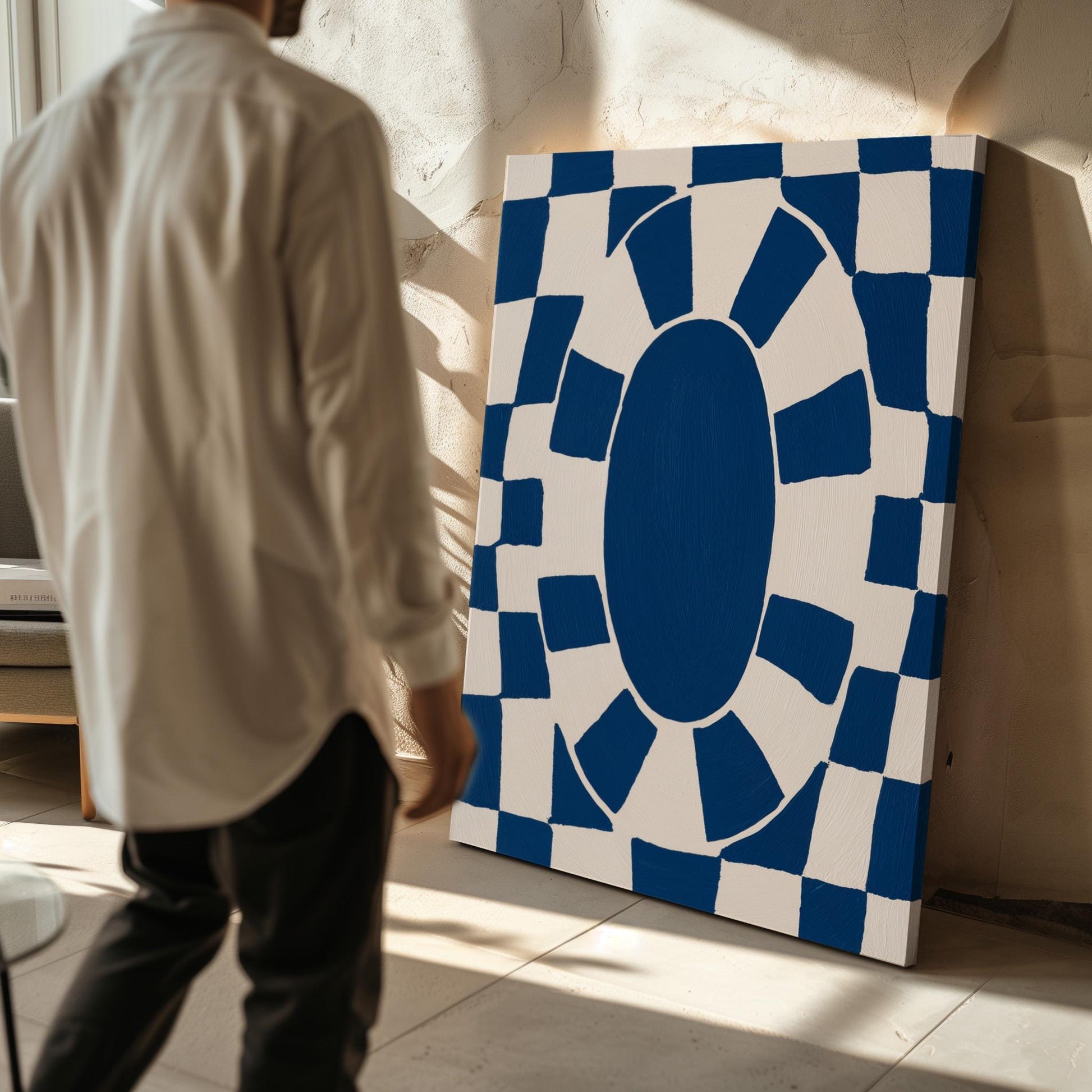 Bold Blue Oval Checkerboard Abstract Canvas Print Modern Geometric Wall Art for Living Room or Office