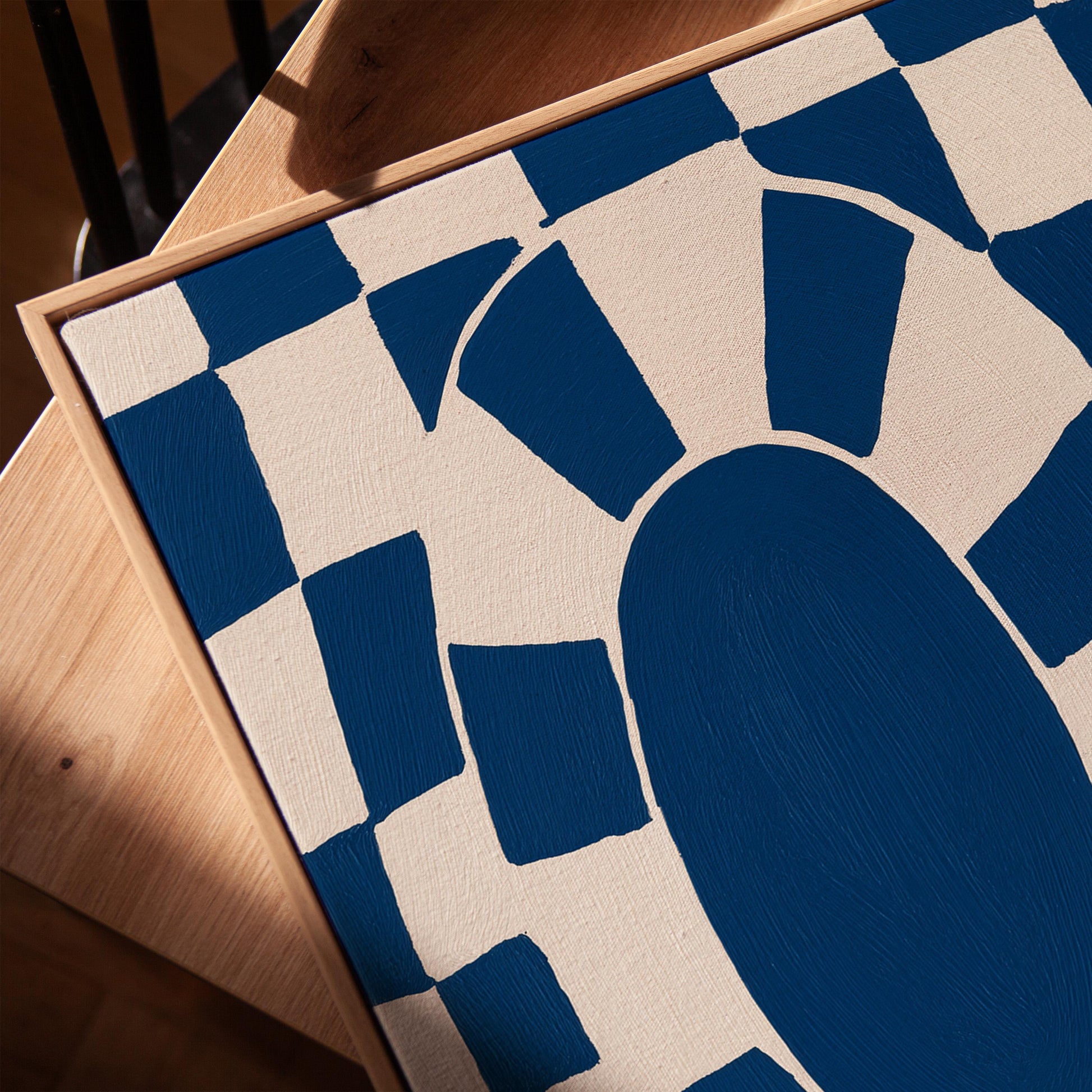 Bold Blue Oval Checkerboard Abstract Canvas Print Modern Geometric Wall Art for Living Room or Office