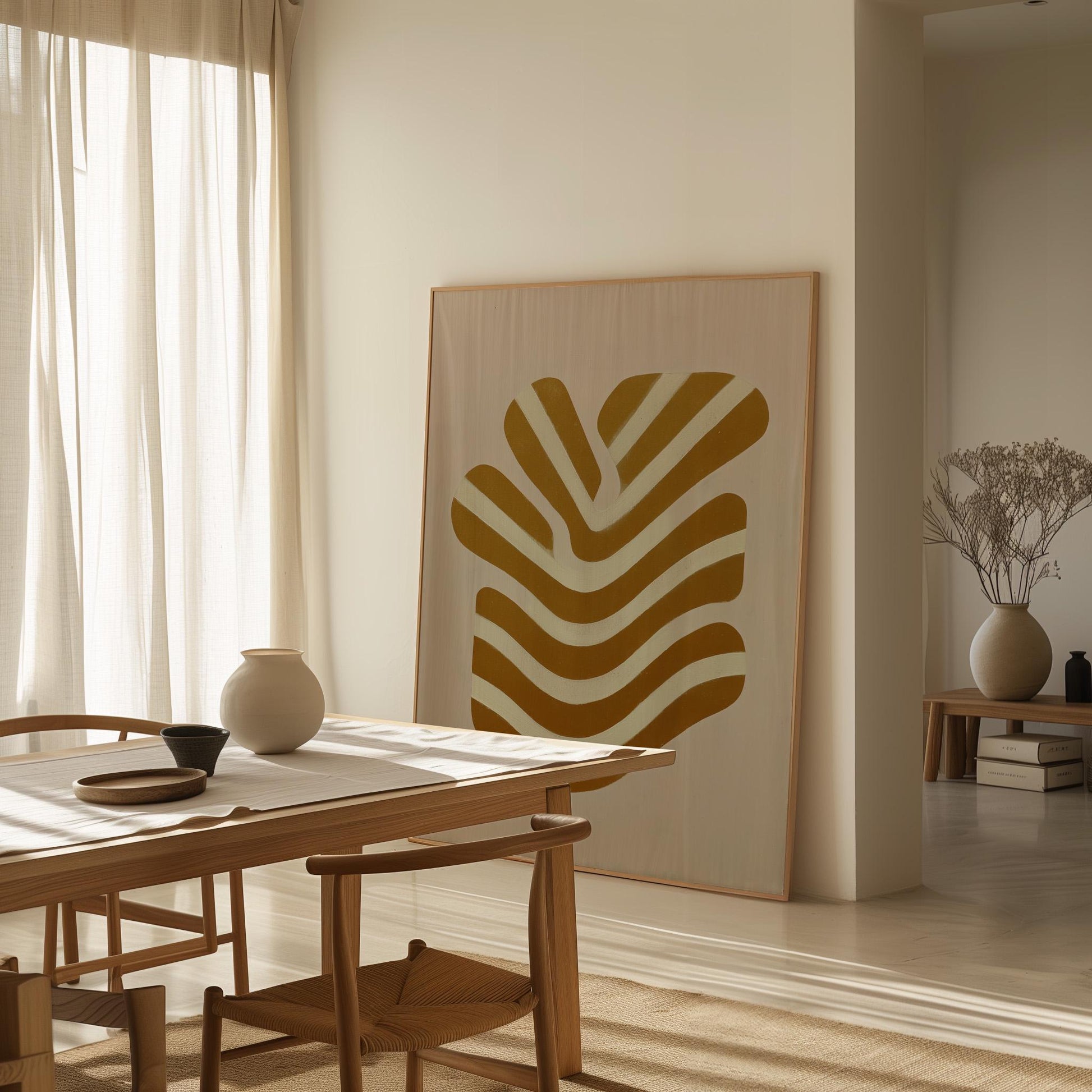 Giclée Canvas Print Abstract Golden Lines Minimalist Modern Wall Art Neutral Geometric Design for Living Room or Office