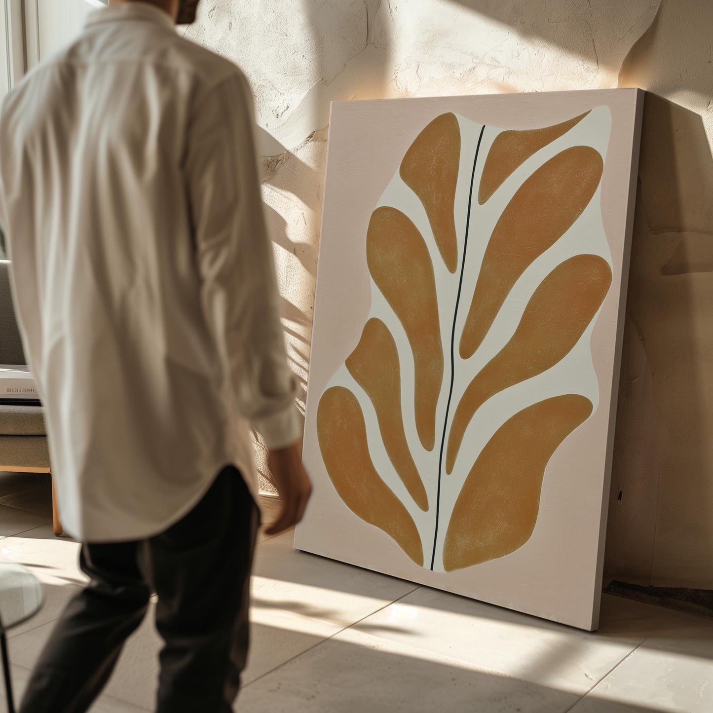 Giclée Canvas Print Abstract Leaf Form in Mustard and Cream Minimalist Modern Wall Art Organic Shape Painting for Living Room or Bedroom