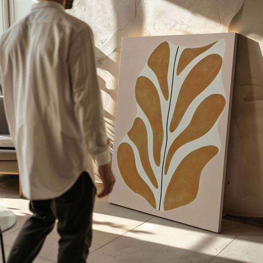Giclée Canvas Print Abstract Leaf Form in Mustard and Cream Minimalist Modern Wall Art Organic Shape Painting for Living Room or Bedroom