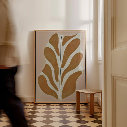 Giclée Canvas Print Abstract Leaf Form in Mustard and Cream Minimalist Modern Wall Art Organic Shape Painting for Living Room or Bedroom