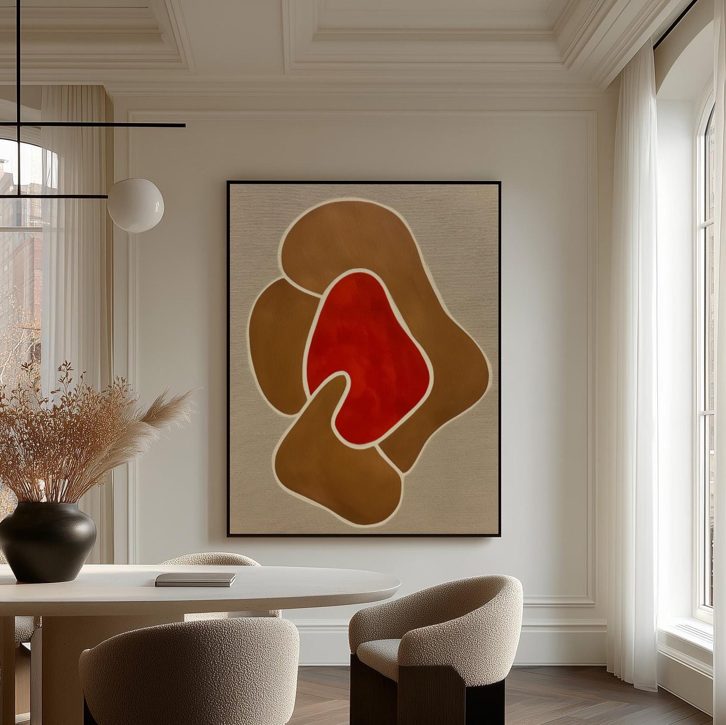 Modern Giclée Canvas in Warm Earth Tones with Abstract Red Centerpiece Contemporary Minimal Wall Art for Living Room or Studio