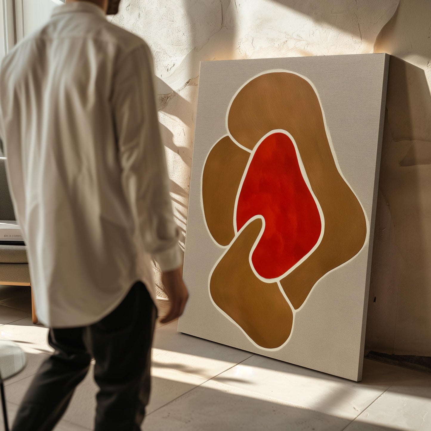 Modern Giclée Canvas in Warm Earth Tones with Abstract Red Centerpiece Contemporary Minimal Wall Art for Living Room or Studio