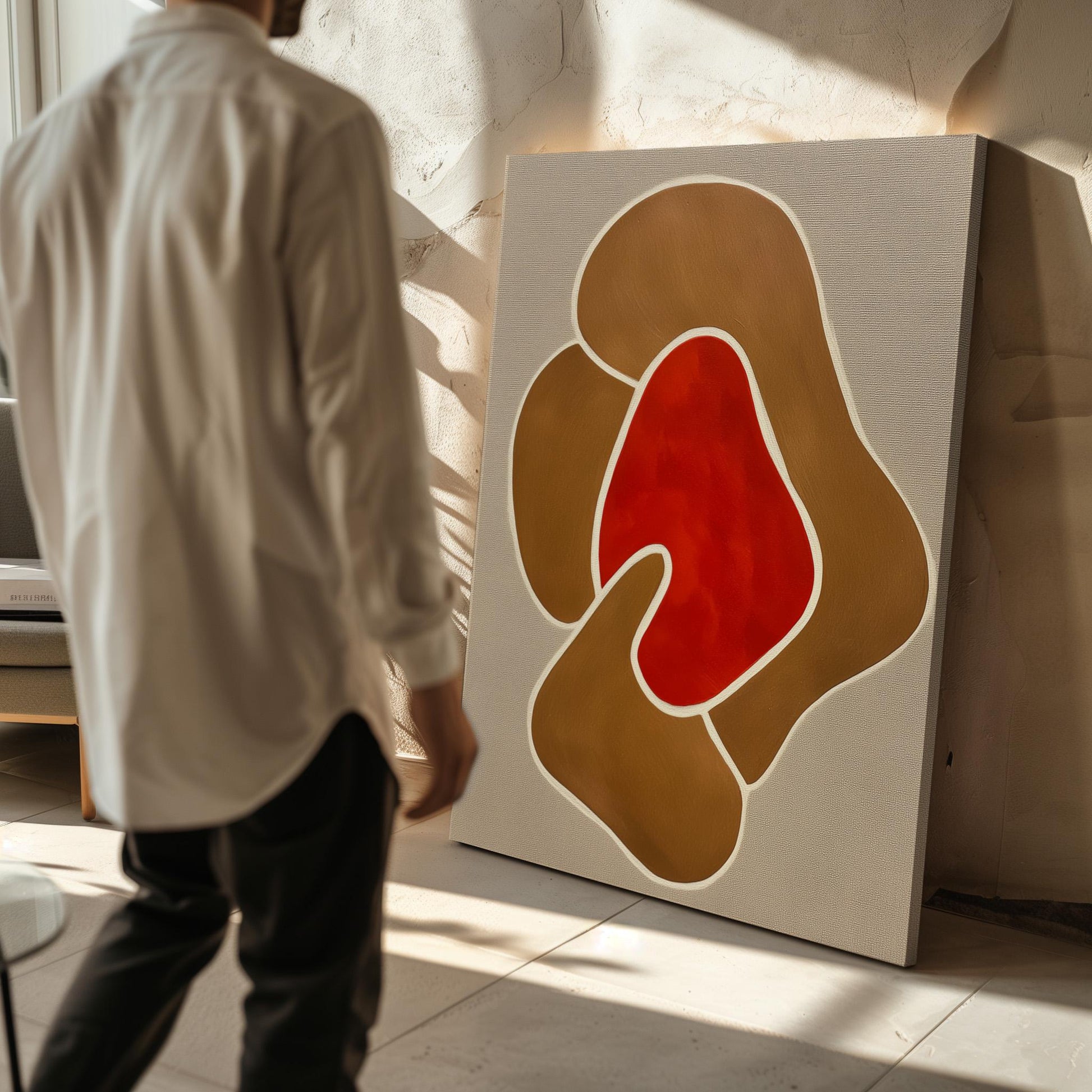 Modern Giclée Canvas in Warm Earth Tones with Abstract Red Centerpiece Contemporary Minimal Wall Art for Living Room or Studio