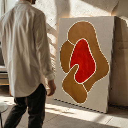 Modern Giclée Canvas in Warm Earth Tones with Abstract Red Centerpiece Contemporary Minimal Wall Art for Living Room or Studio