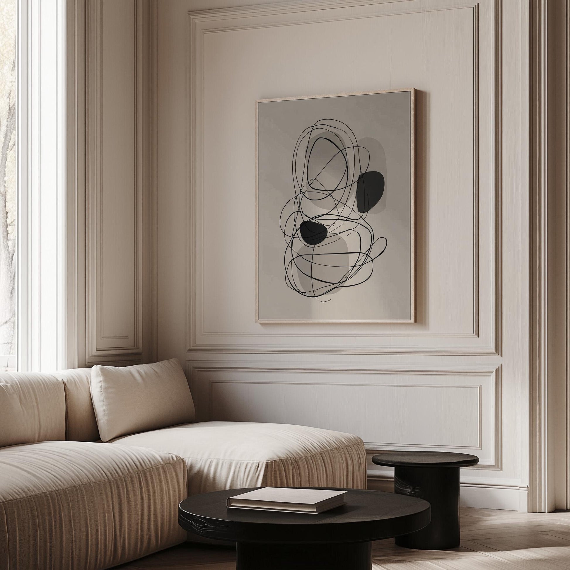 Minimal Line Art Giclée Canvas Print in Black and Neutral Tones Modern Abstract Wall Decor for Living Room or Office