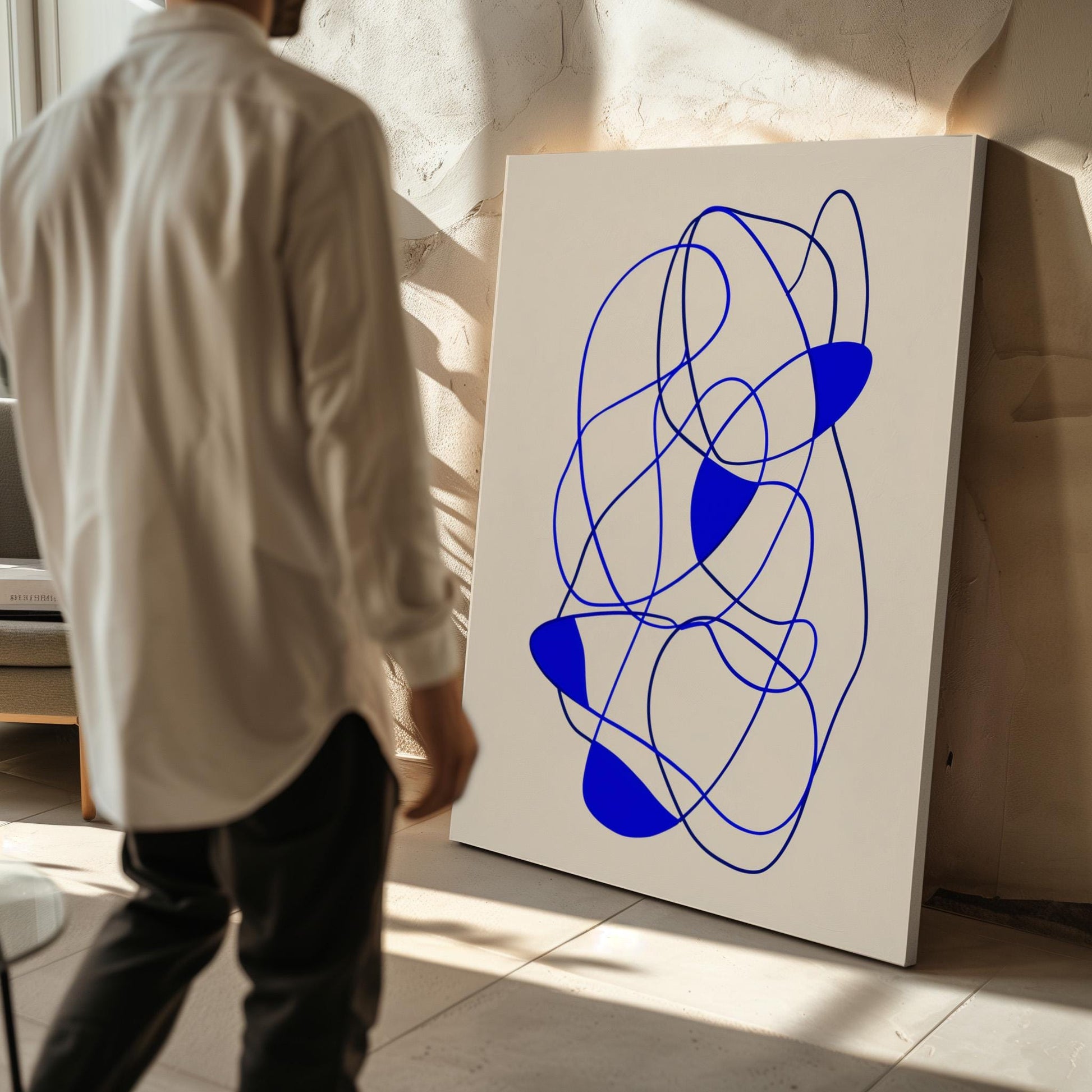 Modern Blue Line Abstract Giclée Canvas Print Minimal Continuous Flow Art for Contemporary Living Room or Office
