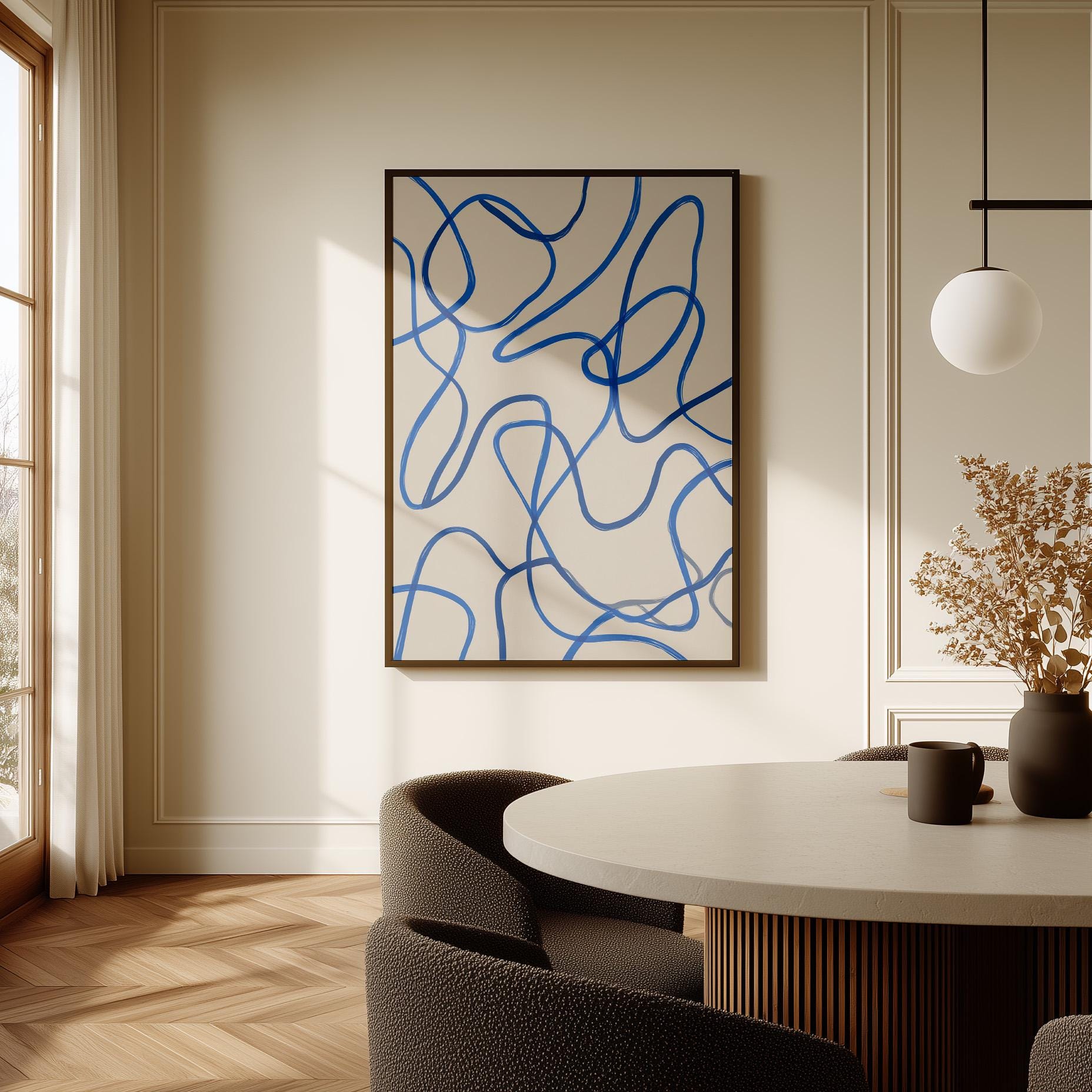 Blue Minimal Line Giclée Canvas Print Modern Abstract Flow Art for Scandinavian or Contemporary Interiors