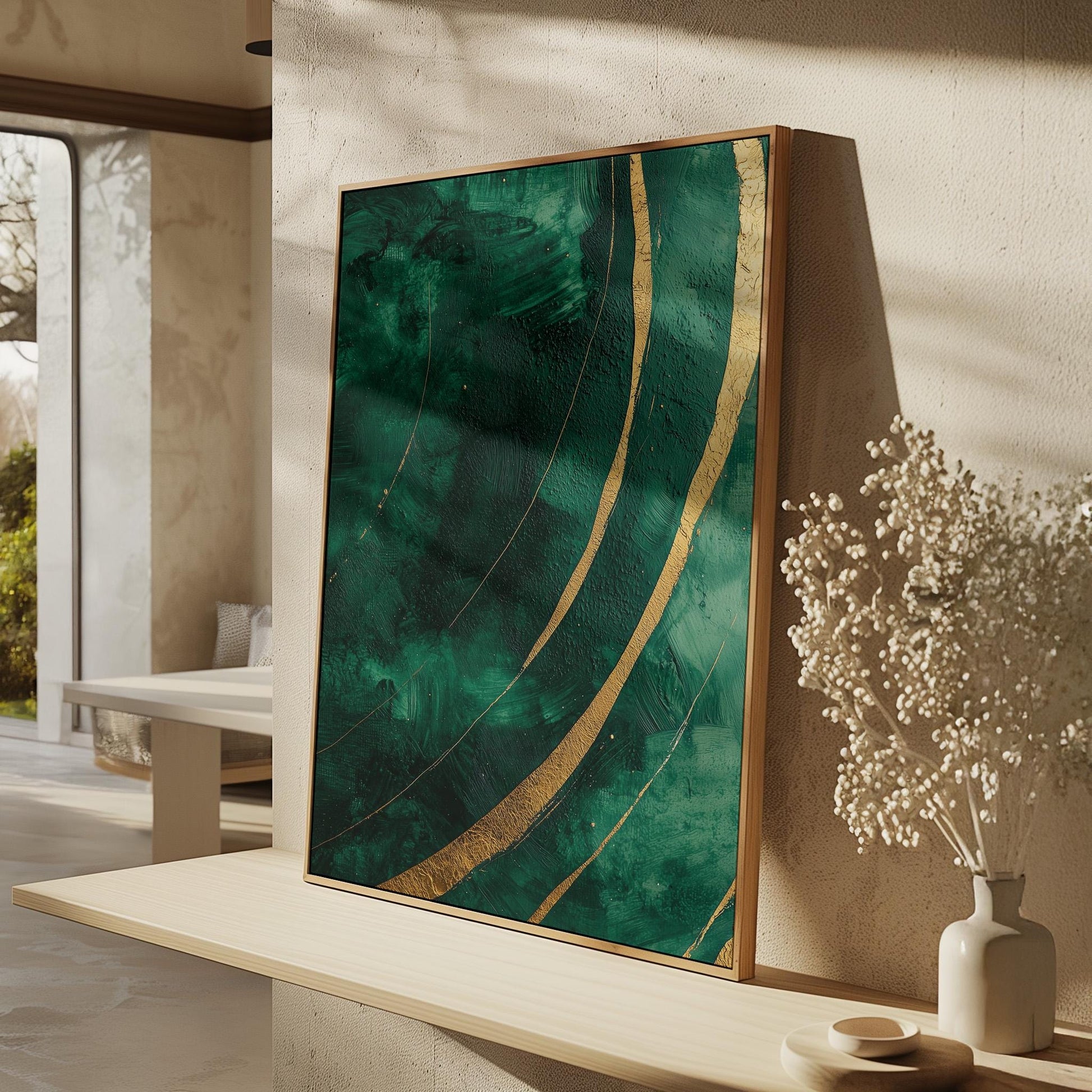 Emerald Green and Gold Wave Canvas Print, Abstract Giclée Textured Wall Art for Living Room or Luxury Interior