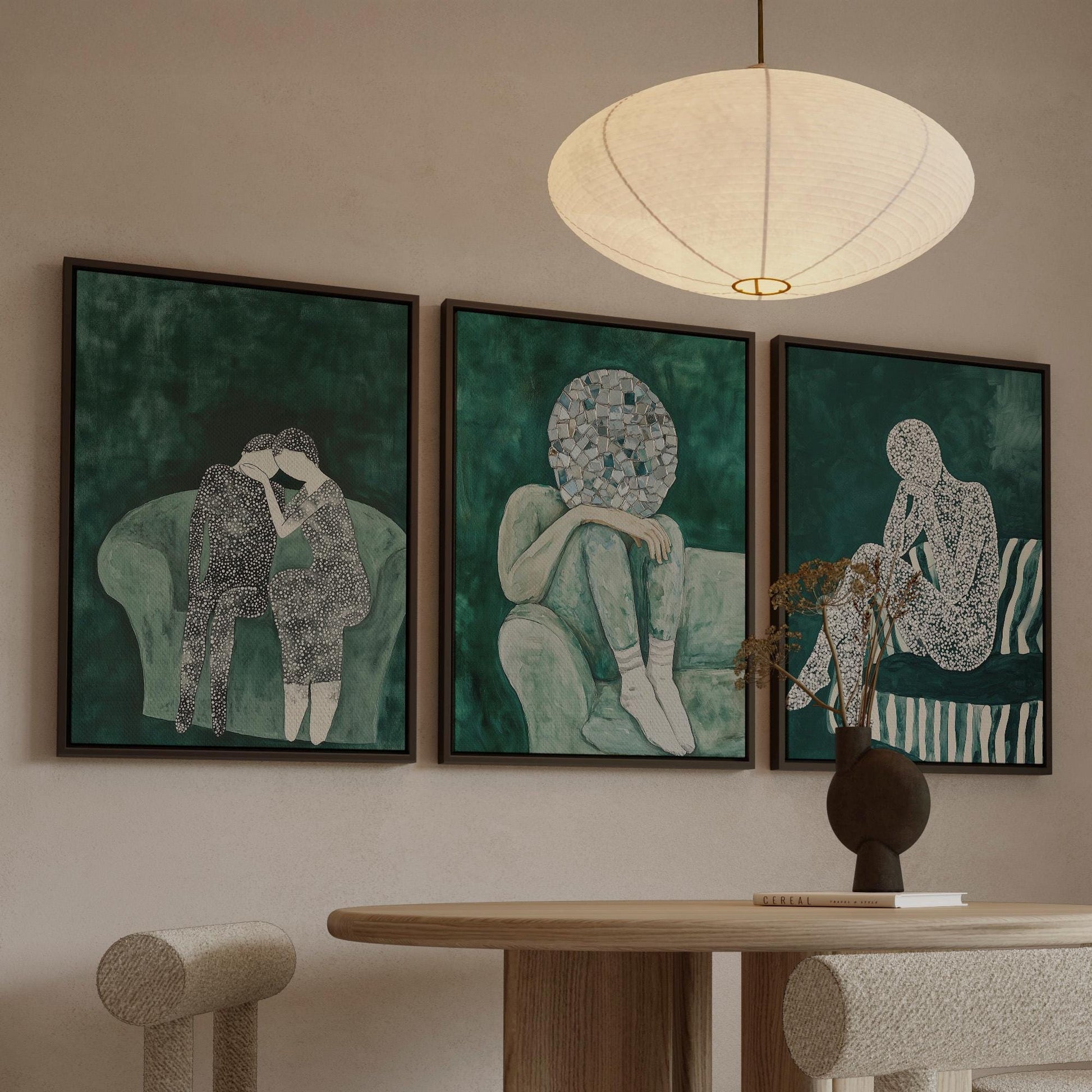 Modern Figurative Canvas Wall Art Set of 3: Green Abstract People Paintings for Living Room or Office, Large Triptych Artwork