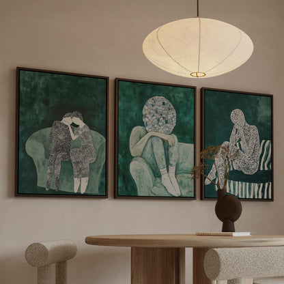 Modern Figurative Canvas Wall Art Set of 3: Green Abstract People Paintings for Living Room or Office, Large Triptych Artwork