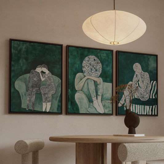 Modern Figurative Canvas Wall Art Set of 3: Green Abstract People Paintings for Living Room or Office, Large Triptych Artwork
