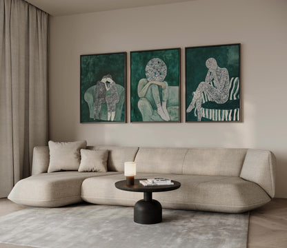 Emerald Green Abstract People Canvas Art: Modern Triptych Set