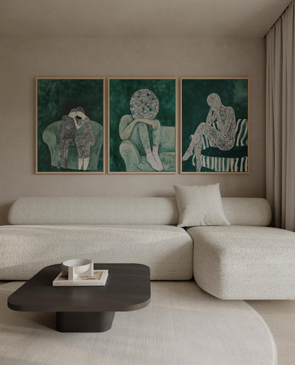 Emerald Green Abstract People Canvas Art: Modern Triptych Set