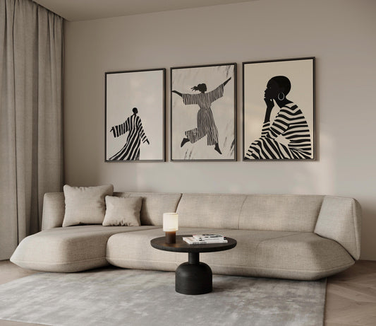 Women Canvas Wall Art: Black and White Abstract - Set of 3 Prints