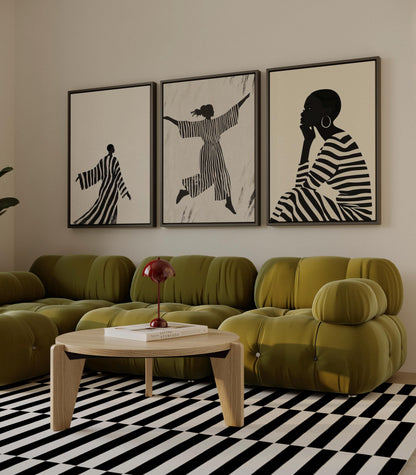 Women Canvas Wall Art: Black and White Abstract - Set of 3 Prints