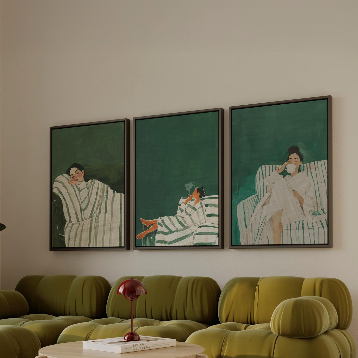 Relaxing Women Canvas Wall Art Set of 3, Minimalist Modern Figurative Artwork, Cozy Green Aesthetic Prints for Living Room or Bedroom