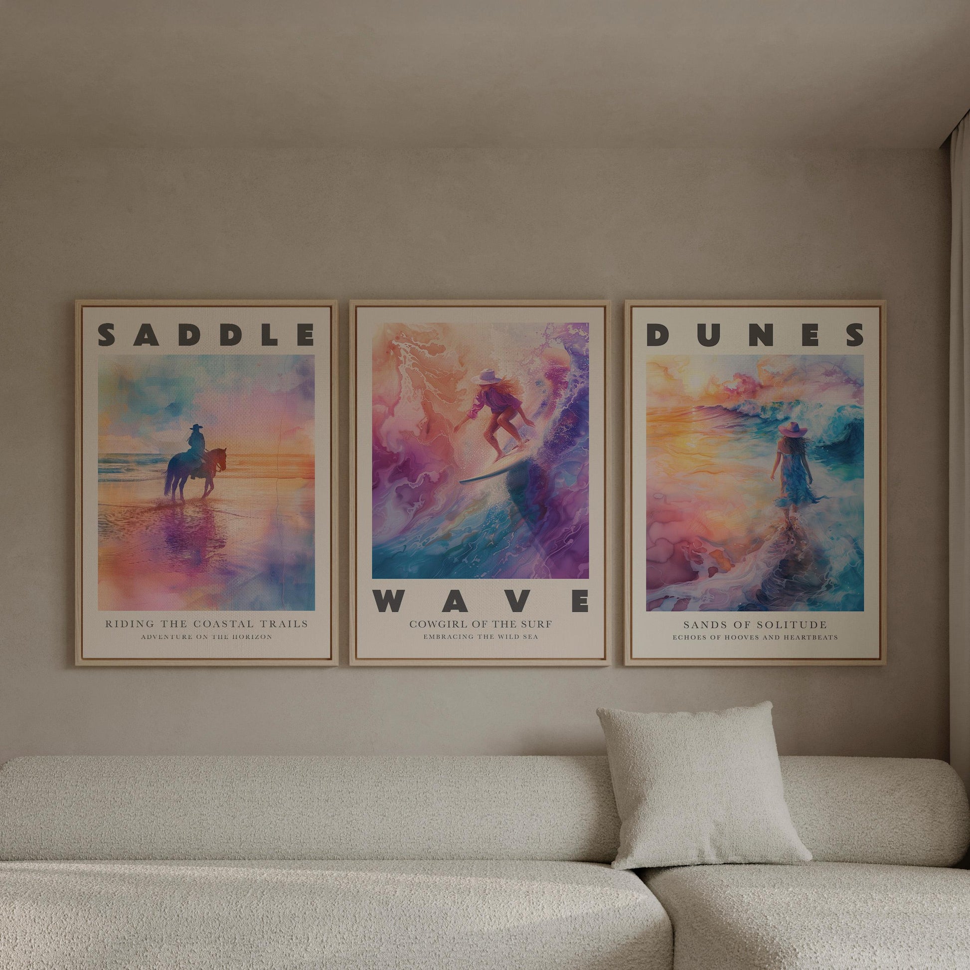 Cowgirl Canvas Wall Art Set of 3 Coastal Western Desert and Surf Prints Colorful Sunset Artwork for Living Room or Bedroom