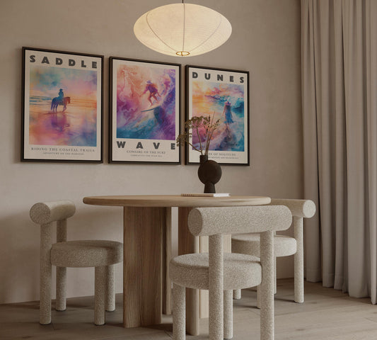 Cowgirl Canvas Wall Art Set of 3 Coastal Western Desert and Surf Prints Colorful Sunset Artwork for Living Room or Bedroom