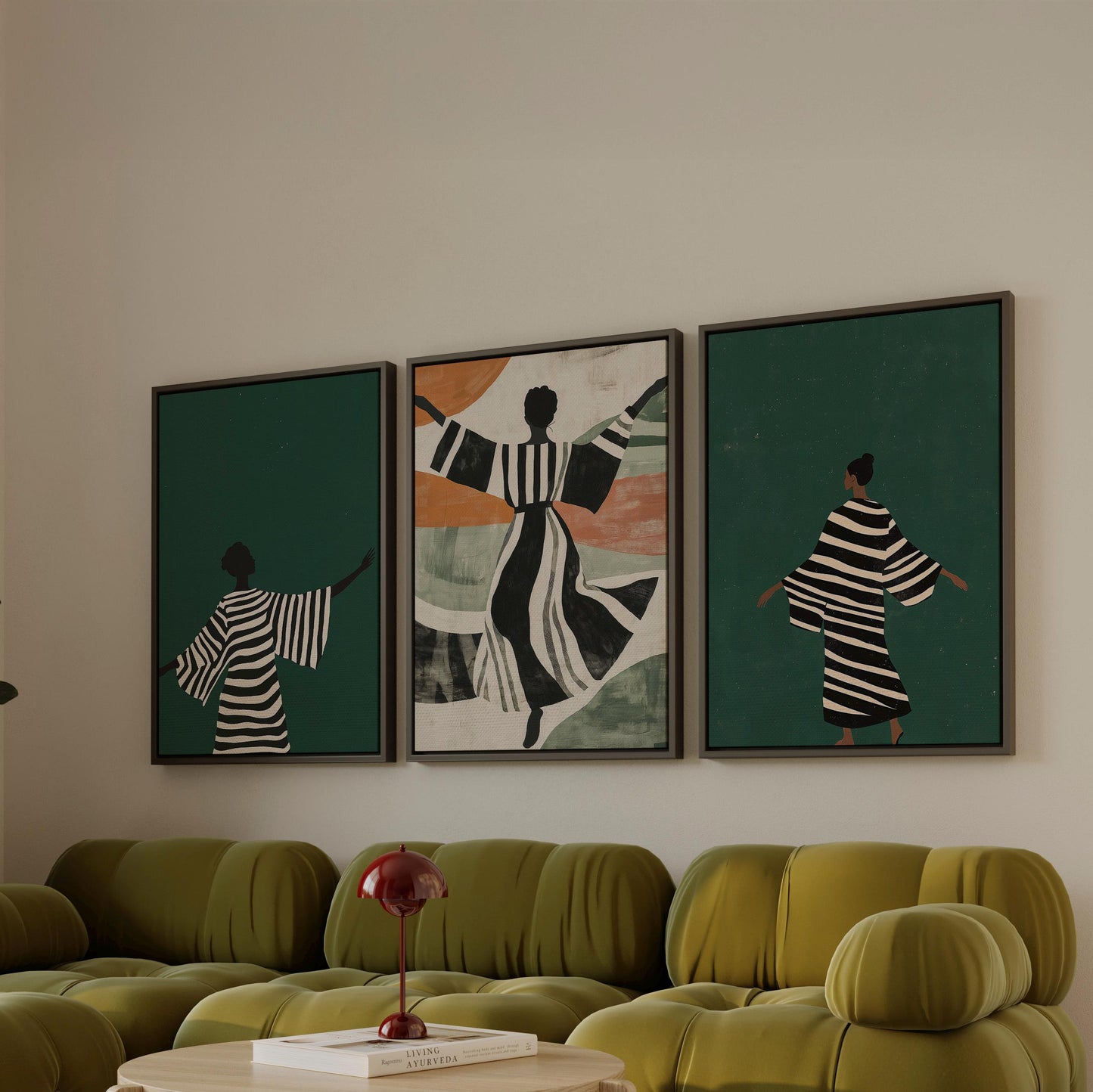 Abstract People Canvas Art: Emerald Green Triptych - Modern Wall Decor