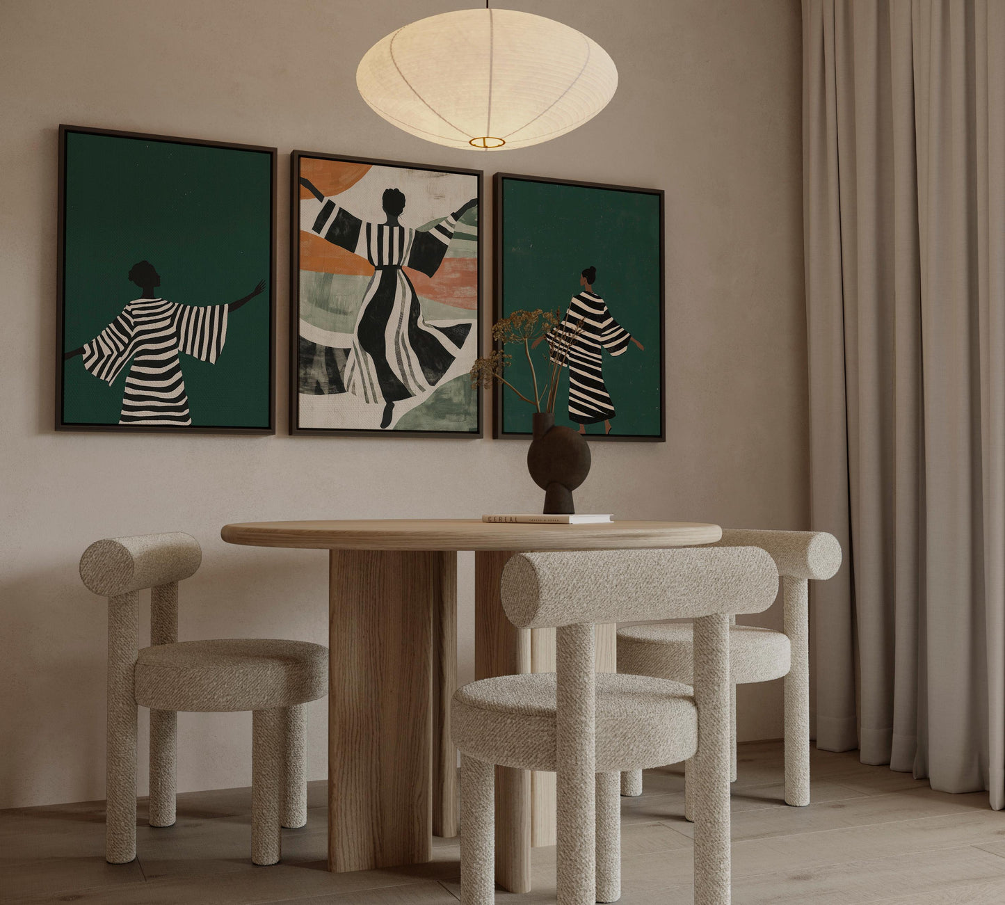 Abstract People Canvas Art: Emerald Green Triptych - Modern Wall Decor