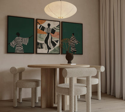 Abstract People Canvas Art: Emerald Green Triptych - Modern Wall Decor