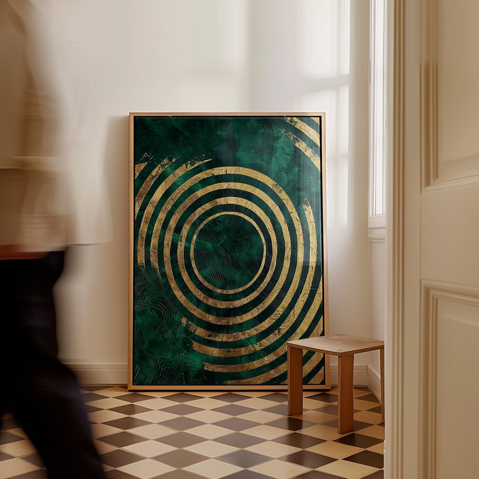 Emerald Green Gold Circle Canvas Print, Luxury Giclée Abstract Wall Art for Modern Interior or Office