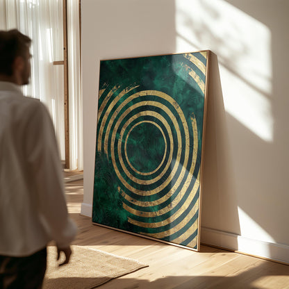 Emerald Green Gold Circle Canvas Print, Luxury Giclée Abstract Wall Art for Modern Interior or Office