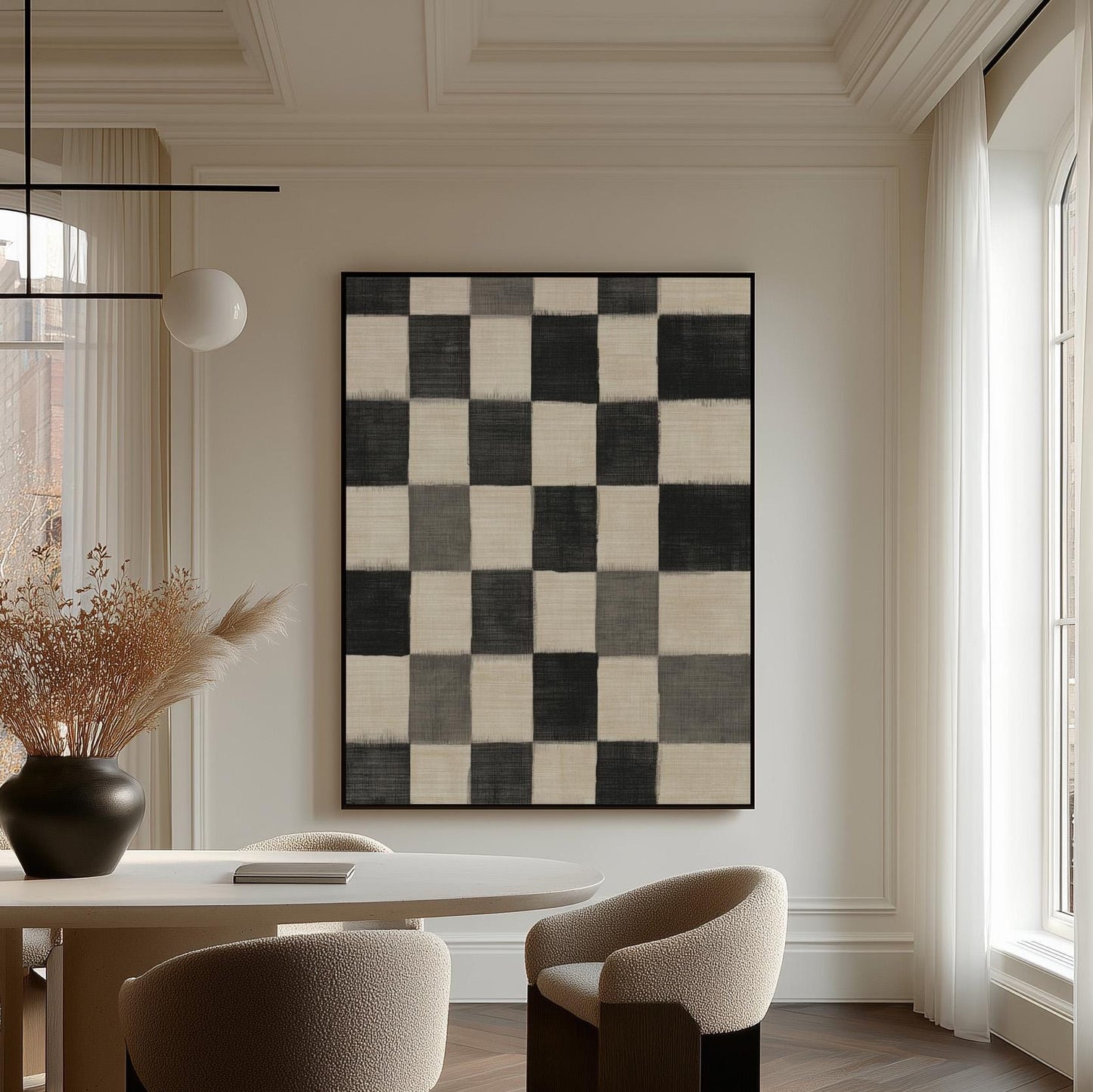 Black and White Checkered Canvas Art, Minimalist Abstract Giclée Print, Modern Geometric Wall Art for Living Room or Office Decor