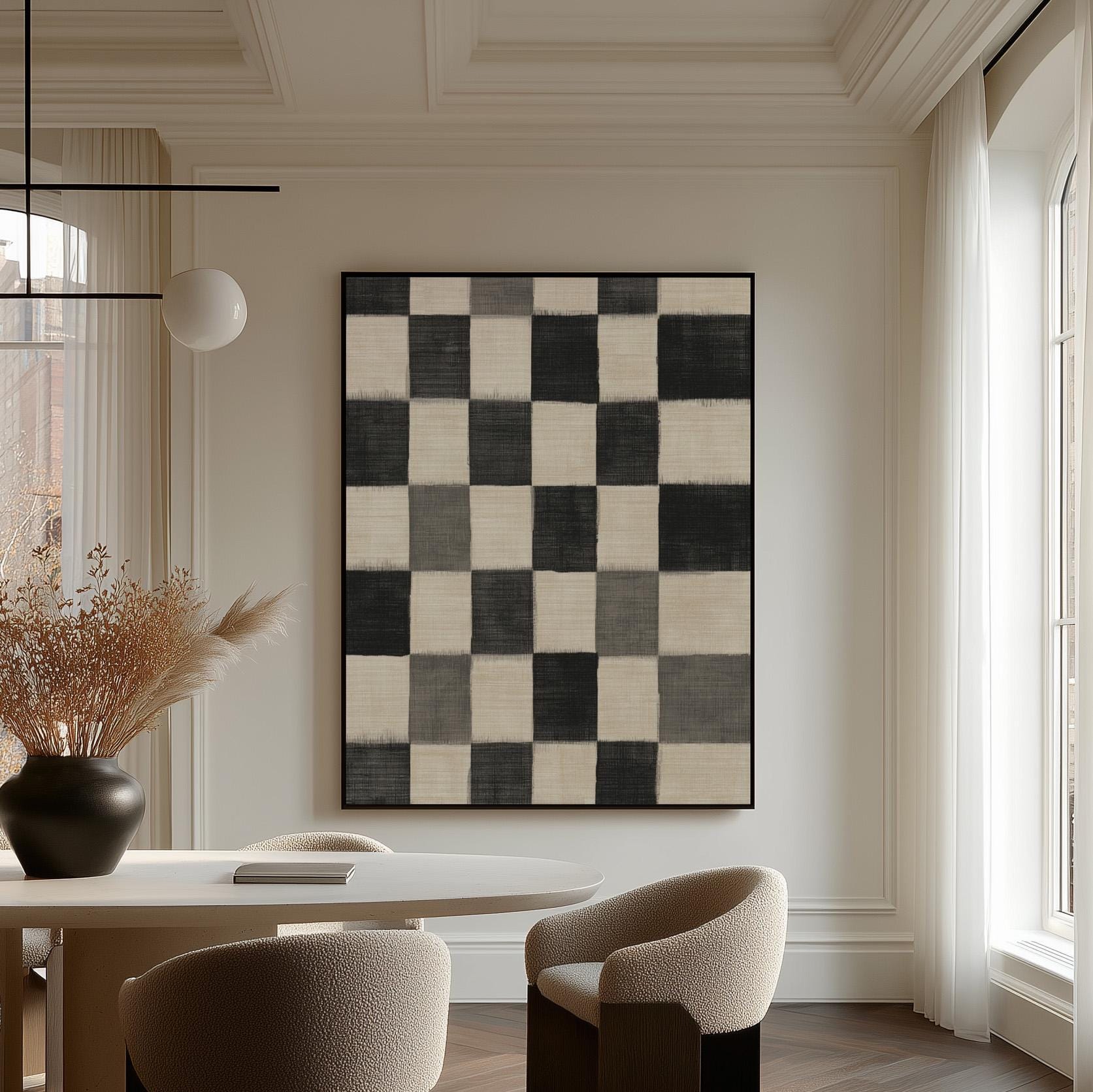 Black and White Checkered Canvas Art, Minimalist Abstract Giclée Print, Modern Geometric Wall Art for Living Room or Office Decor