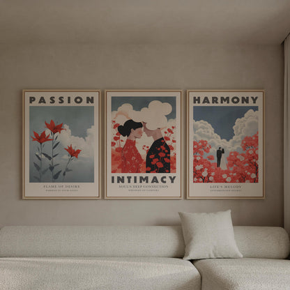 Romantic Canvas Wall Art Set of 3 Passion Intimacy Harmony Modern Love Posters Wedding Anniversary Gift for Bedroom or Living Room