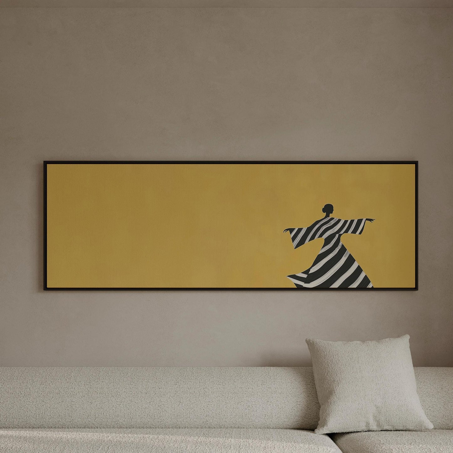 Giclée Panoramic Canvas Print: Woman in Striped Dress, Yellow Background