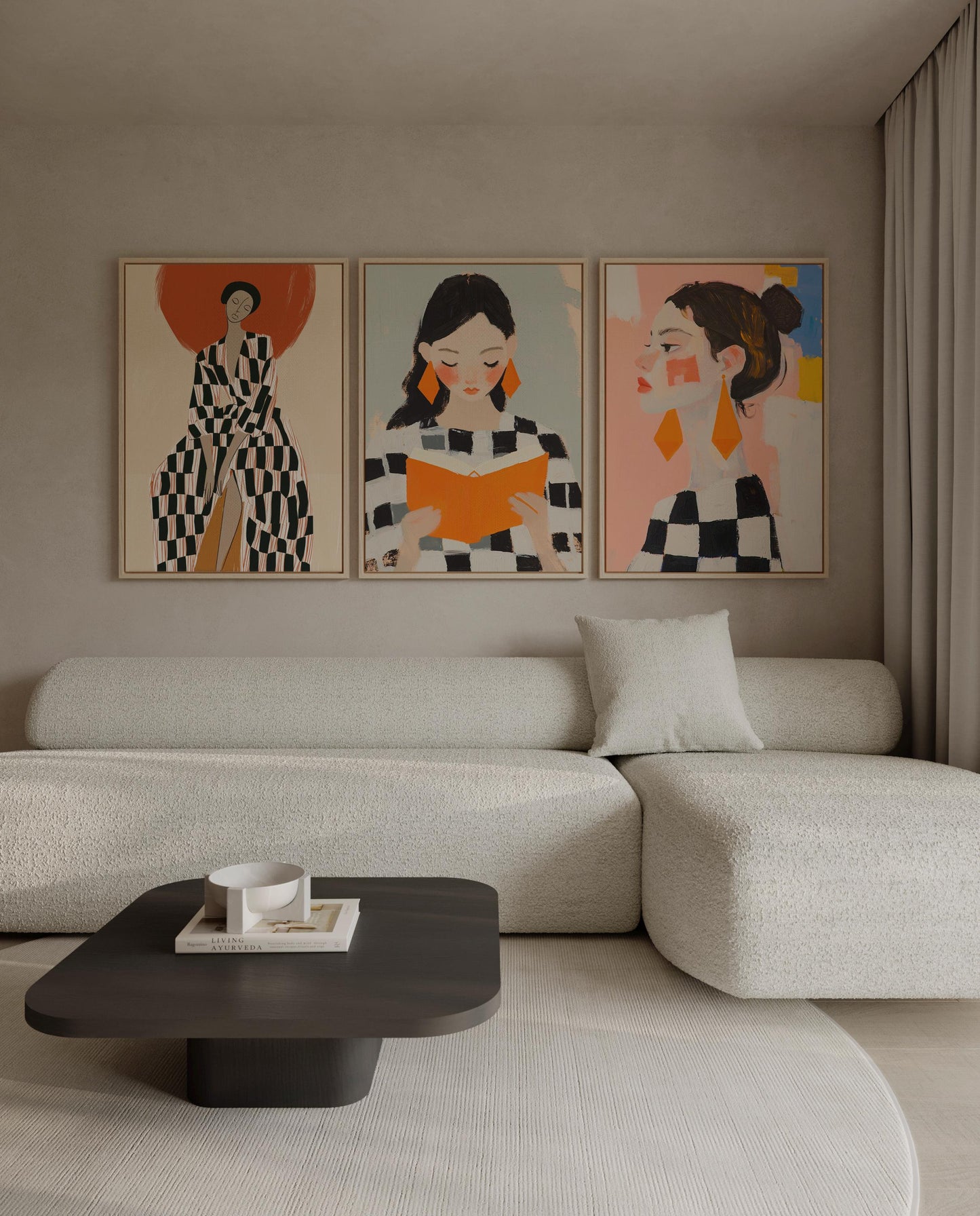 Modern Figurative Canvas Wall Art Set of 3 Women Portrait Prints Bold Checkered Fashion Illustrations for Living Room or Bedroom